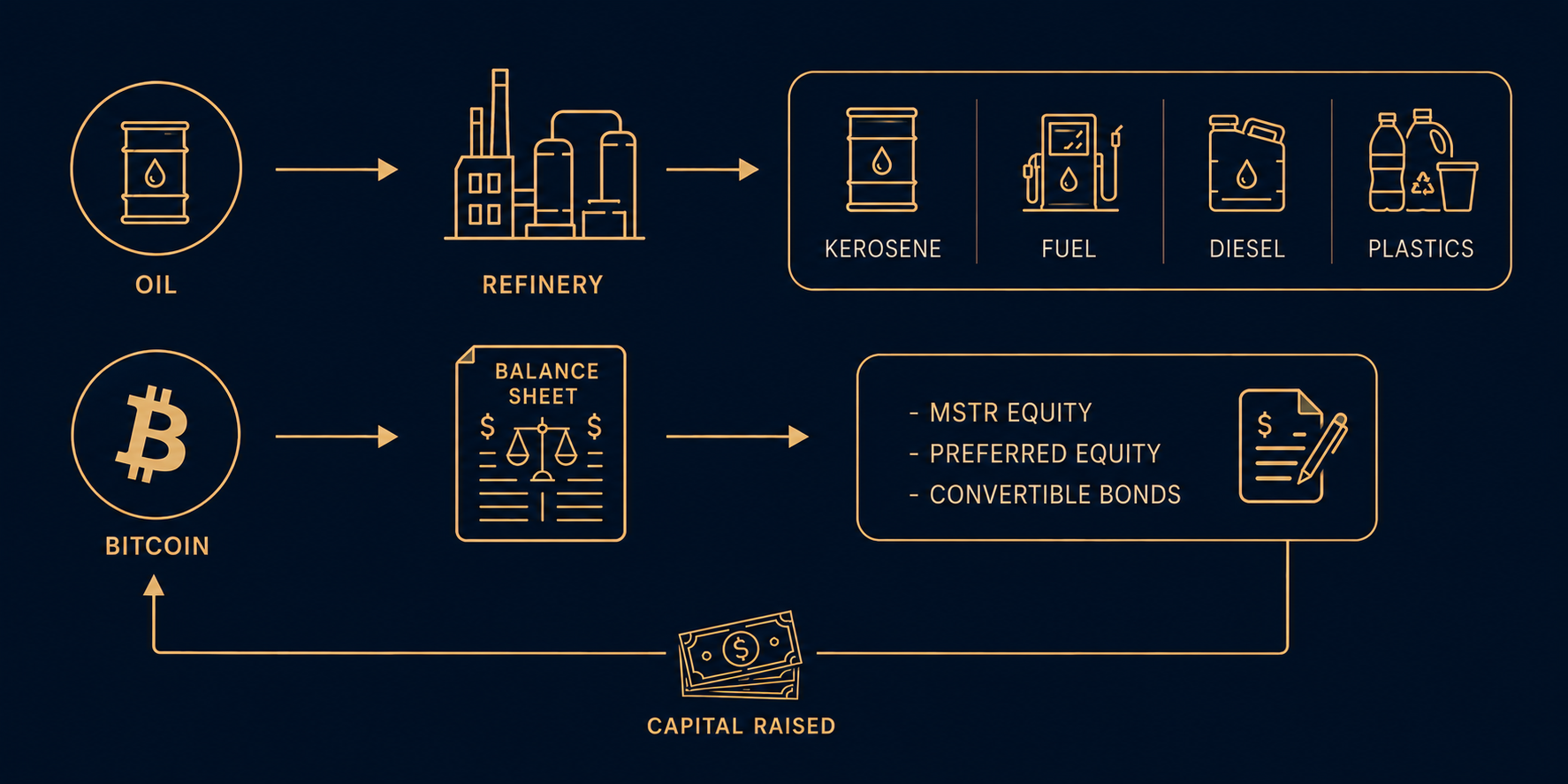 Strategy's refining analogy: bitcoin refined into securities via the balance sheet, with sale proceeds looping back to buy more bitcoin